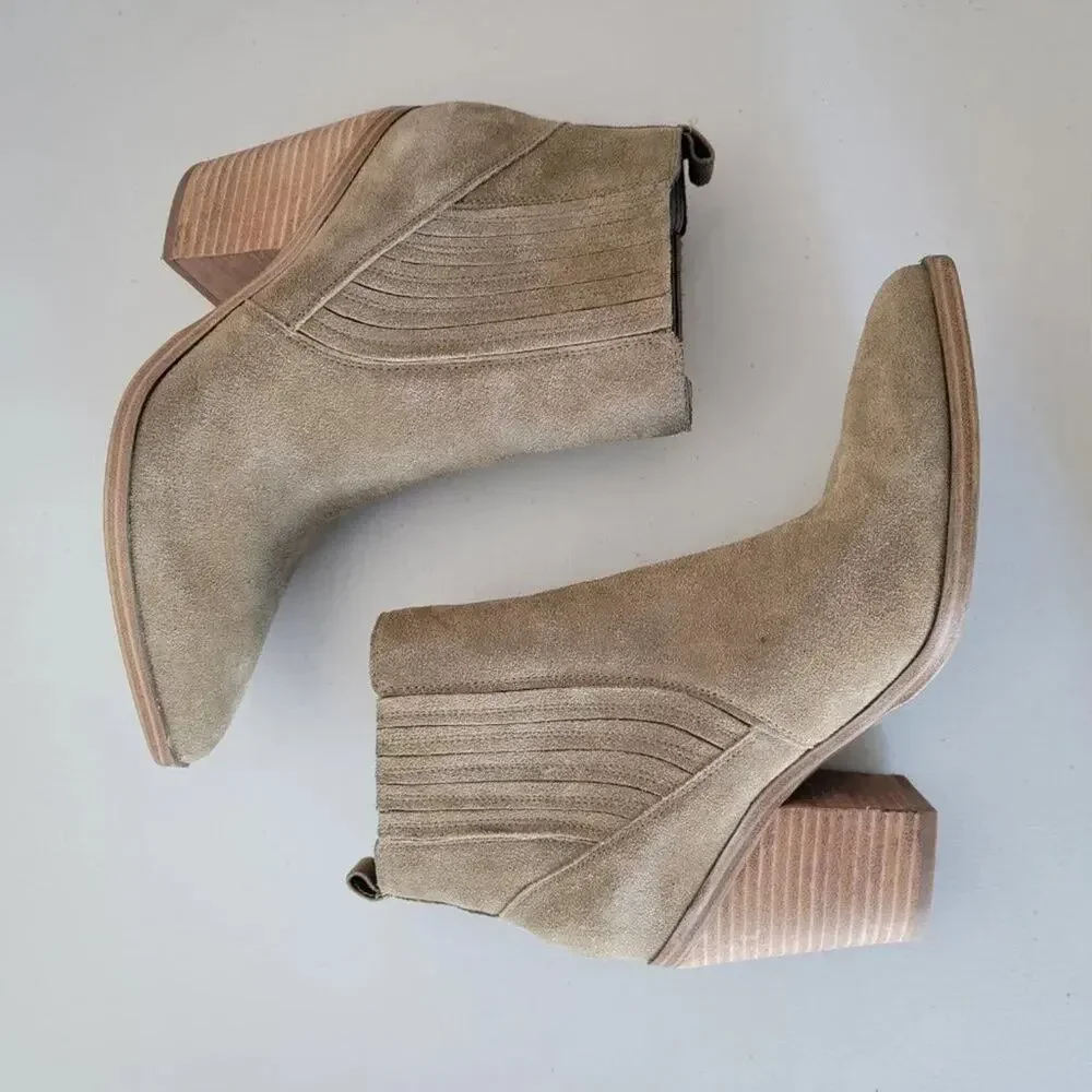 Marc Fisher Suede Marela Ankle Boots Womens 9 Tan Almond Toe Pull On - Picture 5 of 9
